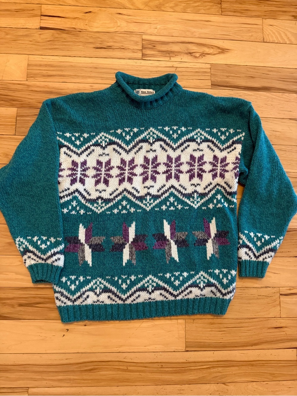 Gina Peters Vintage 90s Teal Fair Isle Mock Neck Sweater Size M